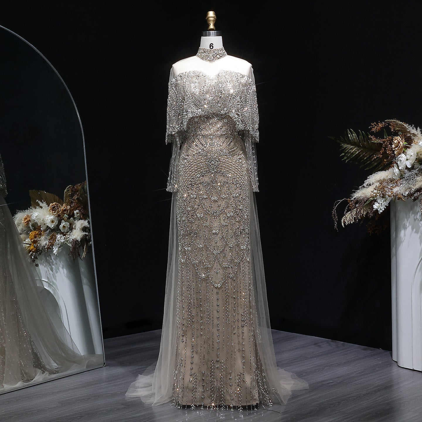 Luxury Champagne Beaded High Neck Cape Sleeve Mermaid Evening Gown SS557 Sheer Fairy