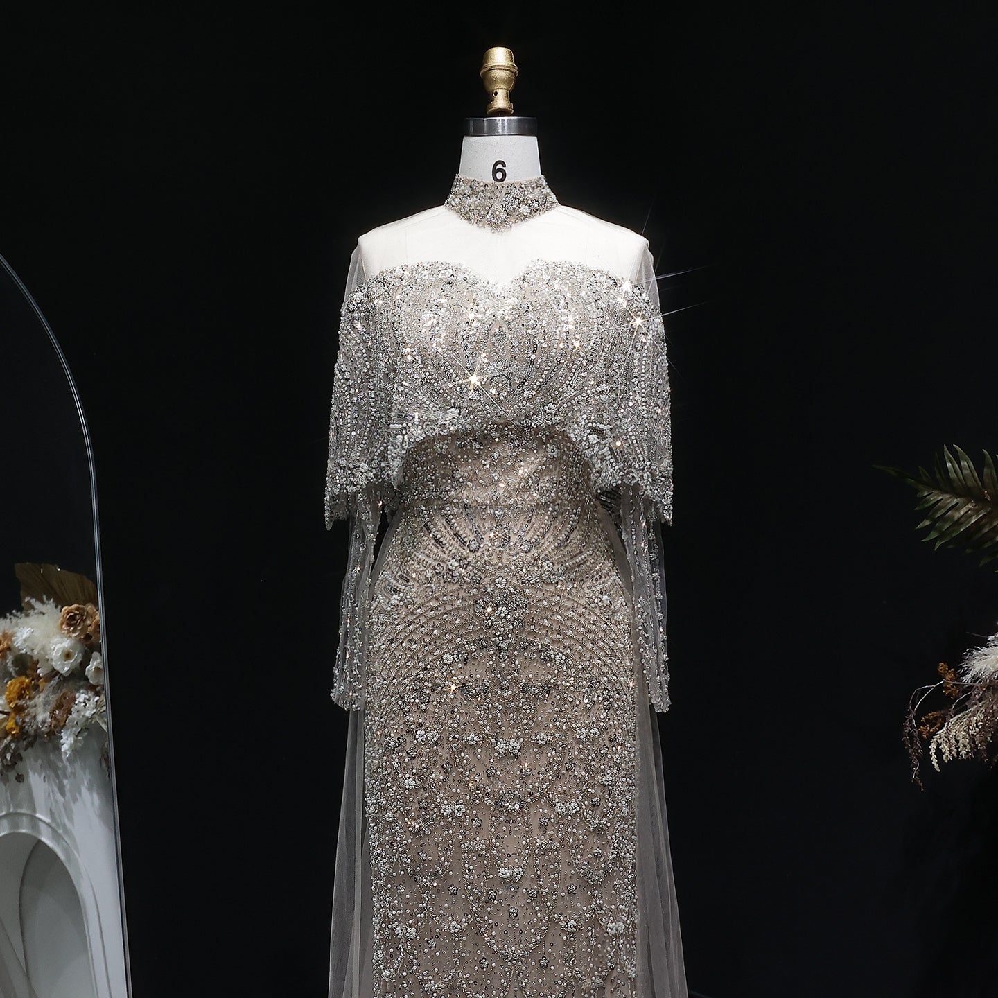 Luxury Champagne Beaded High Neck Cape Sleeve Mermaid Evening Gown SS557 Sheer Fairy