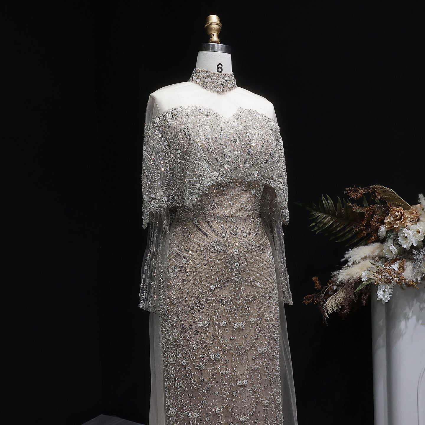 Luxury Champagne Beaded High Neck Cape Sleeve Mermaid Evening Gown SS557 Sheer Fairy