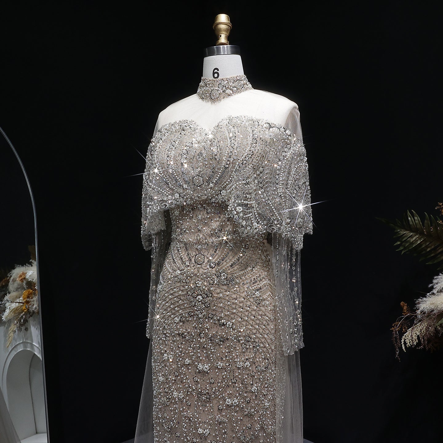Luxury Champagne Beaded High Neck Cape Sleeve Mermaid Evening Gown SS557 Sheer Fairy