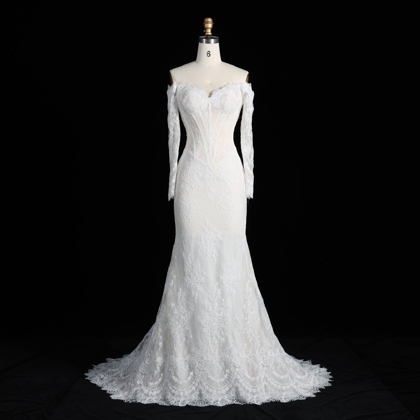Romantic White Lace Mermaid Bridal Gown Off the Shoulder with Detachable Overskirt SW678 Sheer Fairy