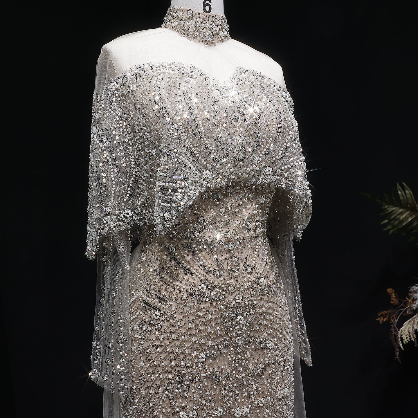 Luxury Champagne Beaded High Neck Cape Sleeve Mermaid Evening Gown SS557 Sheer Fairy