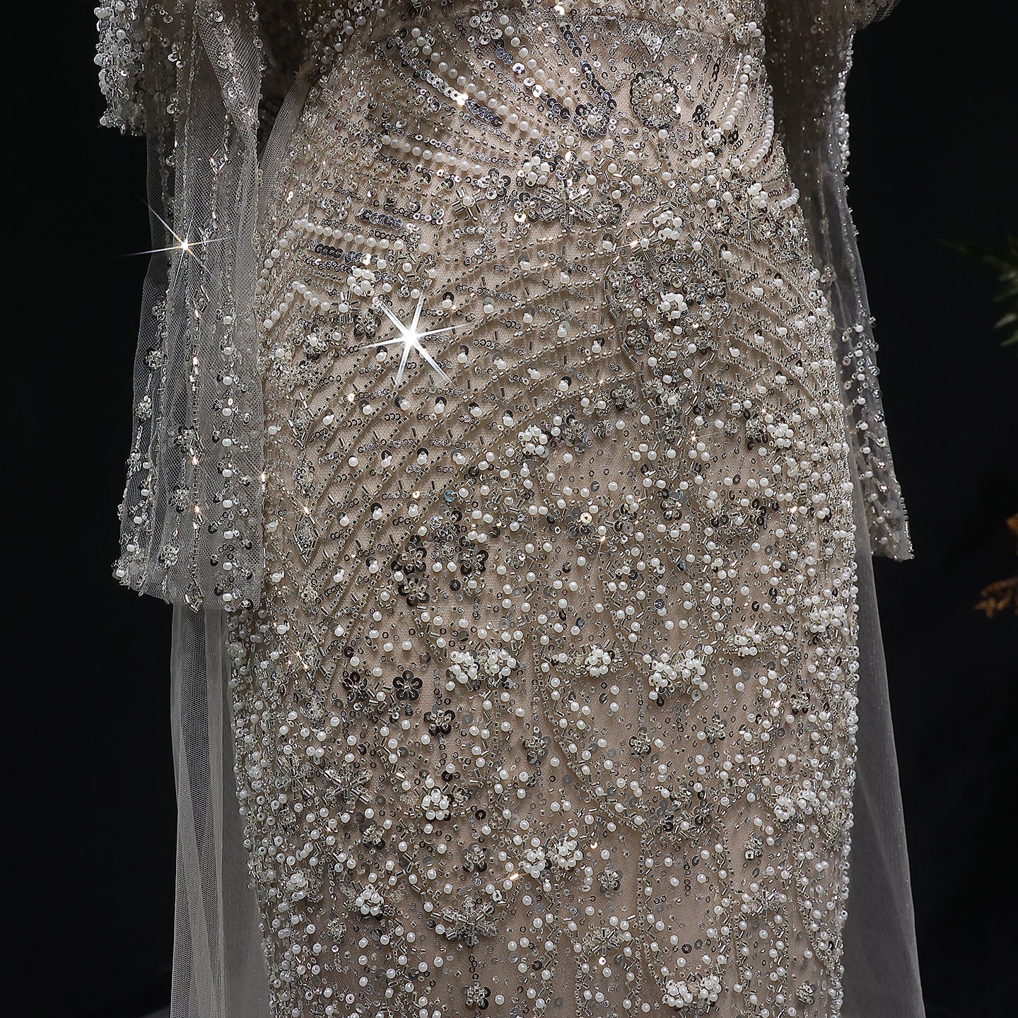 Luxury Champagne Beaded High Neck Cape Sleeve Mermaid Evening Gown SS557 Sheer Fairy