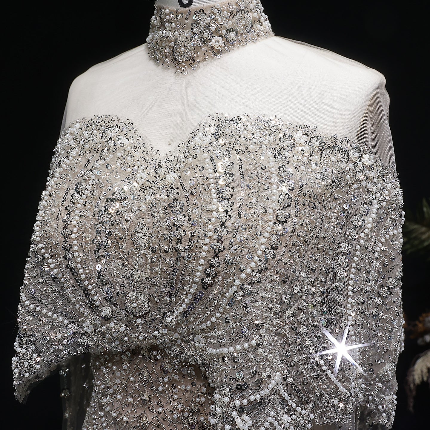 Luxury Champagne Beaded High Neck Cape Sleeve Mermaid Evening Gown SS557 Sheer Fairy