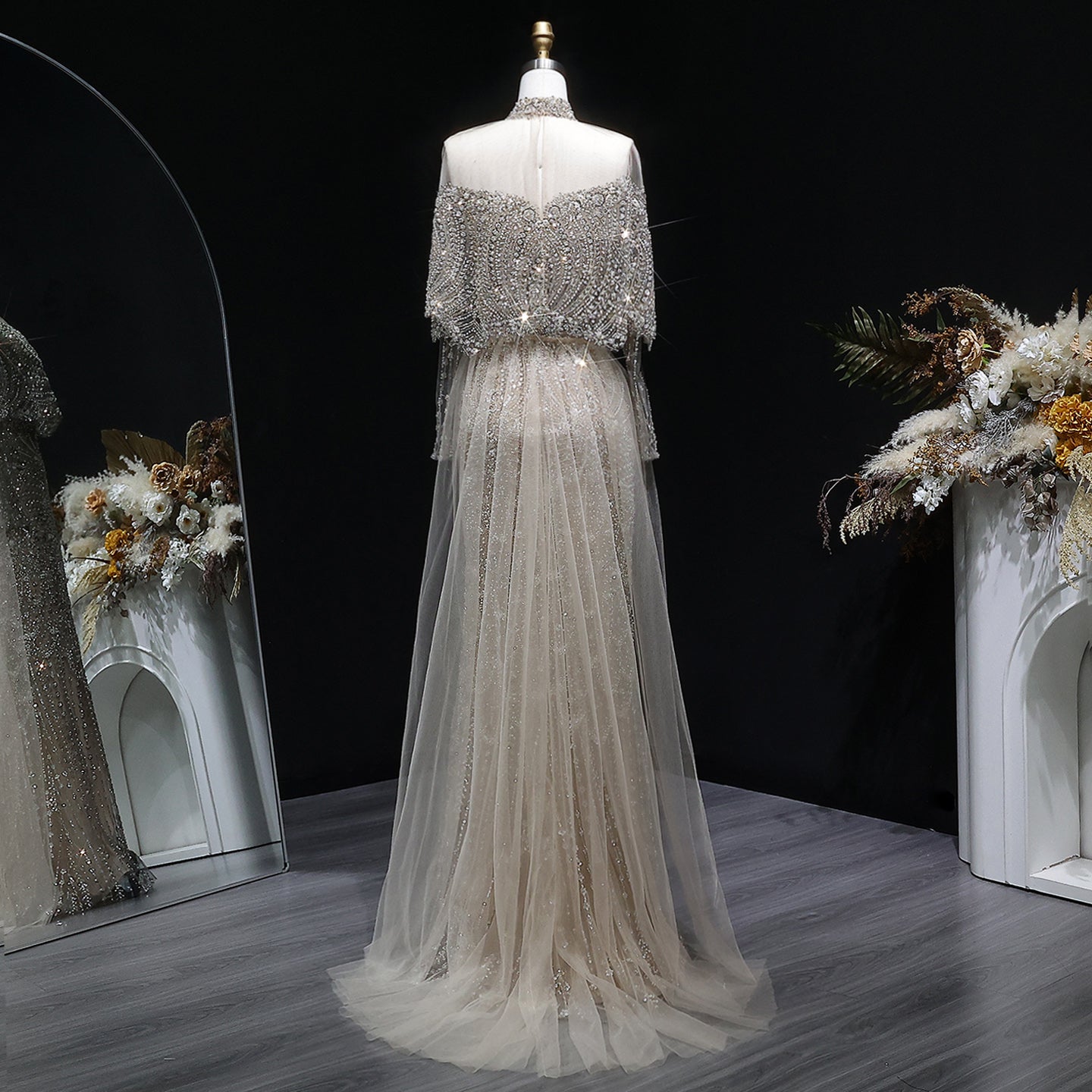 Luxury Champagne Beaded High Neck Cape Sleeve Mermaid Evening Gown SS557 Sheer Fairy