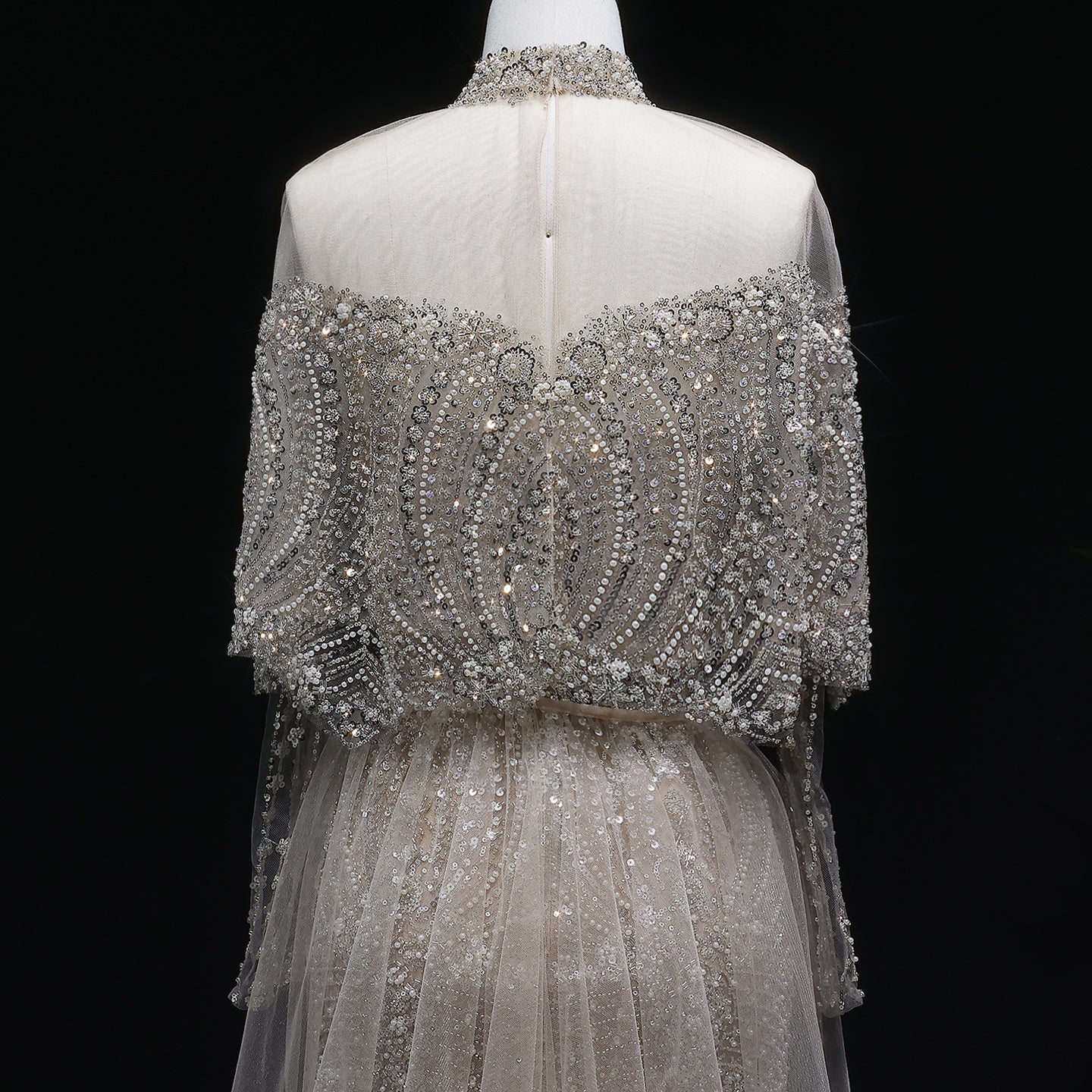 Luxury Champagne Beaded High Neck Cape Sleeve Mermaid Evening Gown SS557 Sheer Fairy