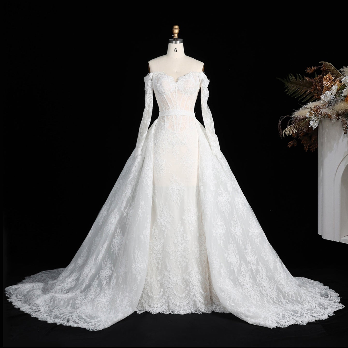 Romantic White Lace Mermaid Bridal Gown Off the Shoulder with Detachable Overskirt SW678 Sheer Fairy