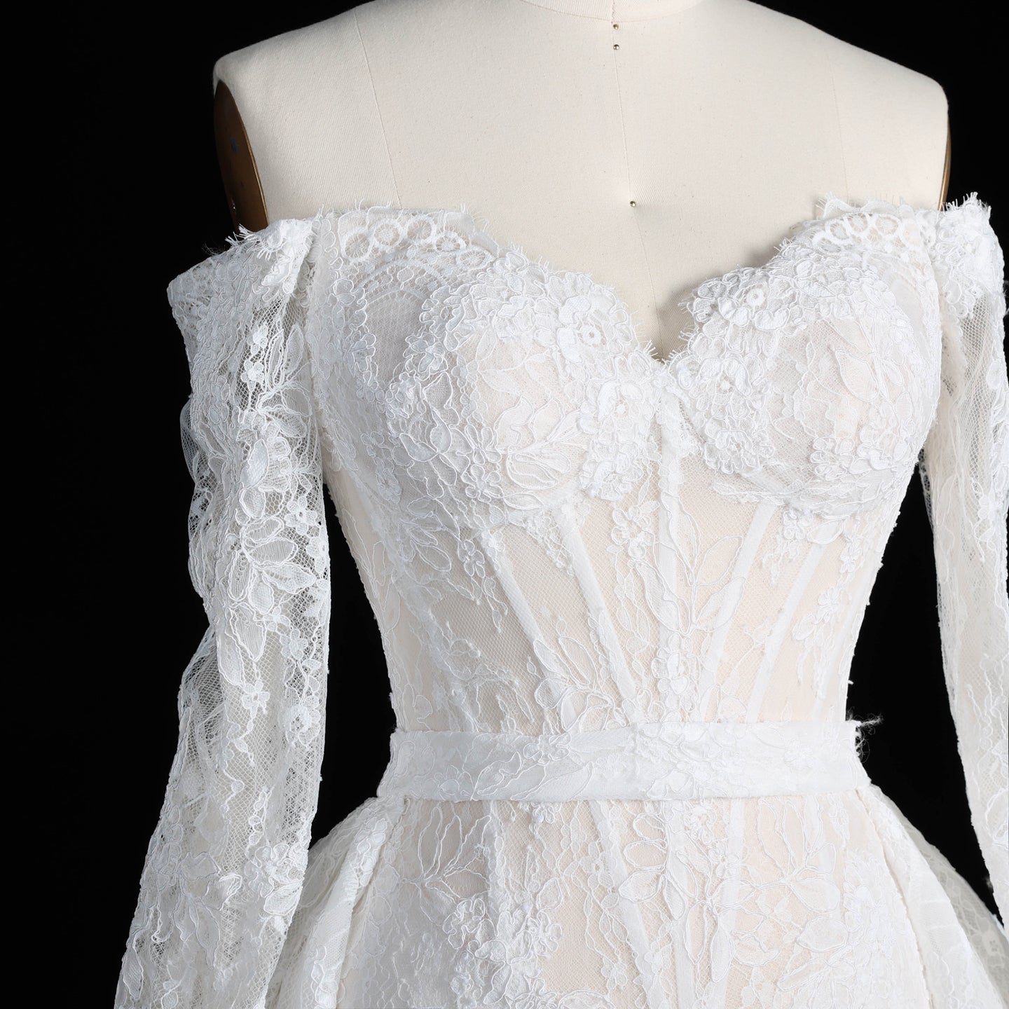Romantic White Lace Mermaid Bridal Gown Off the Shoulder with Detachable Overskirt SW678 Sheer Fairy
