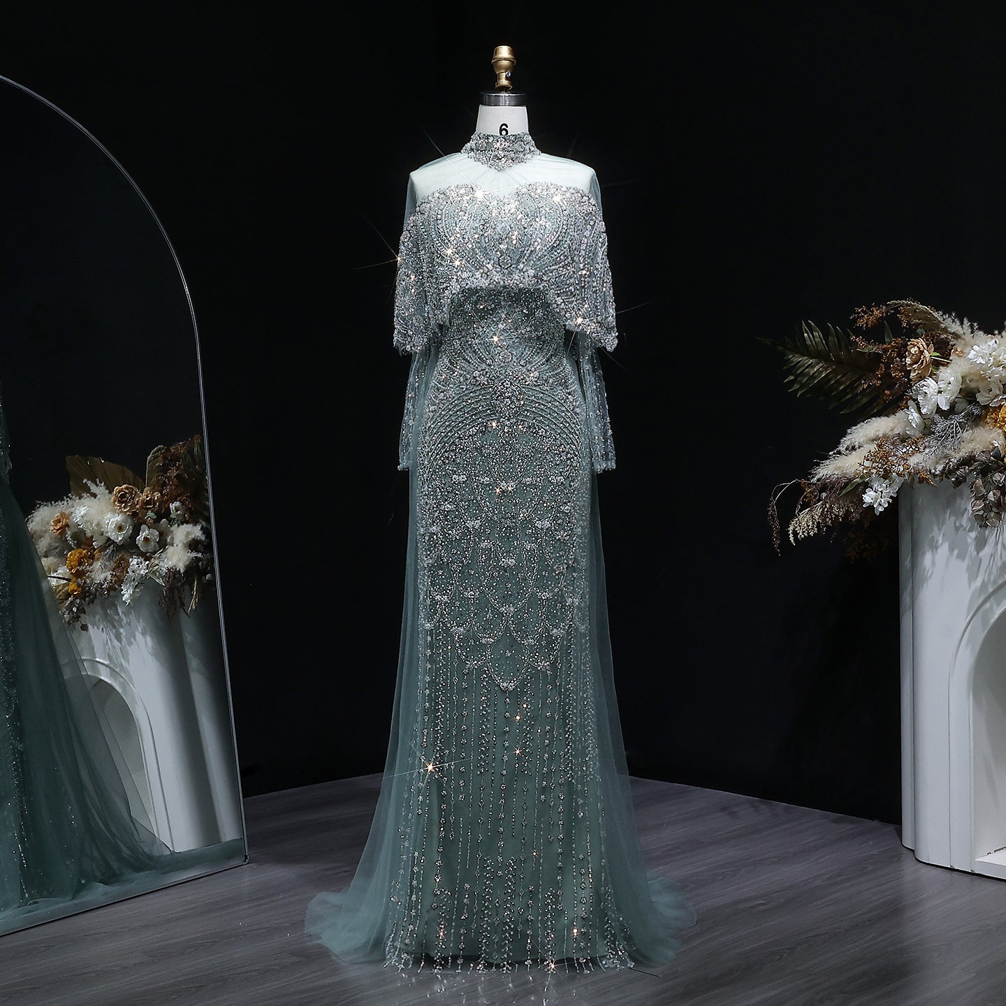 Luxury Champagne Beaded High Neck Cape Sleeve Mermaid Evening Gown SS557 Sheer Fairy