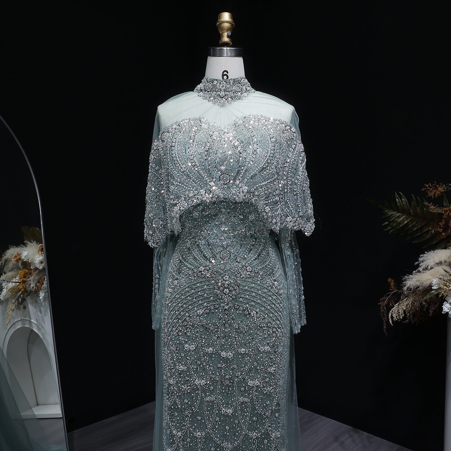 Luxury Champagne Beaded High Neck Cape Sleeve Mermaid Evening Gown SS557 Sheer Fairy