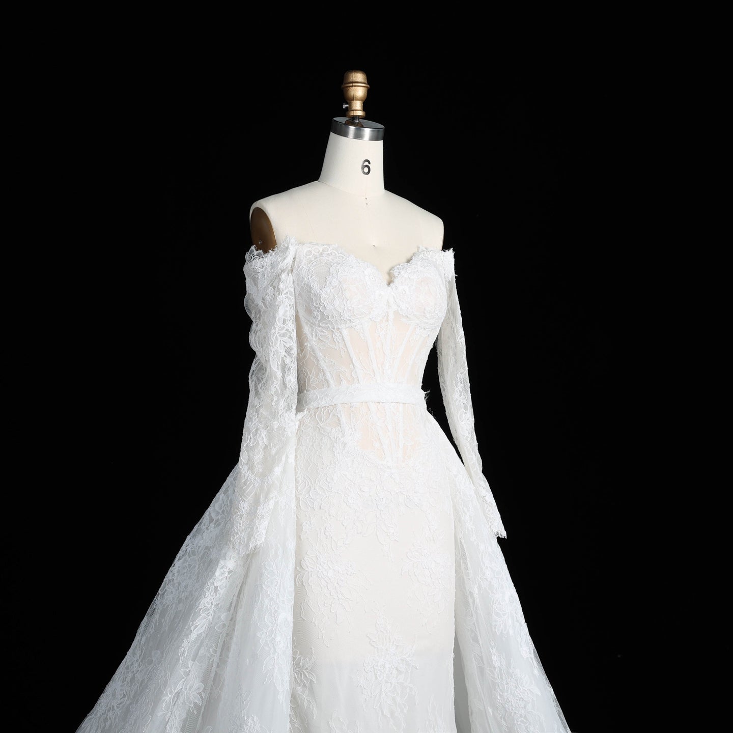 Romantic White Lace Mermaid Bridal Gown Off the Shoulder with Detachable Overskirt SW678 Sheer Fairy