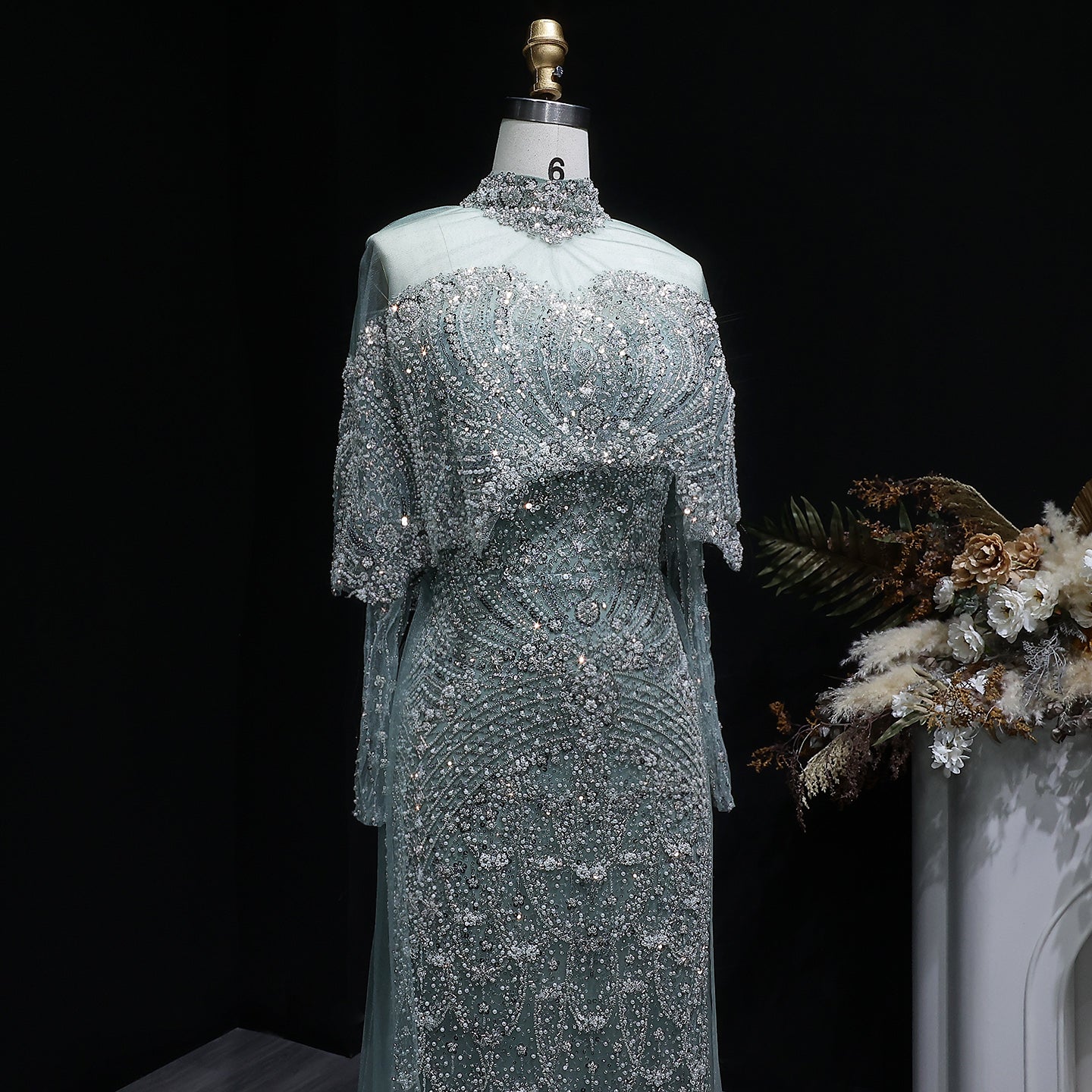 Luxury Champagne Beaded High Neck Cape Sleeve Mermaid Evening Gown SS557 Sheer Fairy