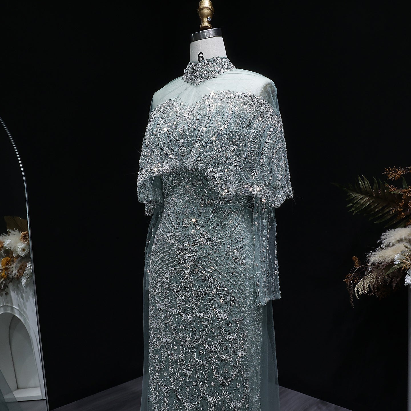 Luxury Champagne Beaded High Neck Cape Sleeve Mermaid Evening Gown SS557 Sheer Fairy