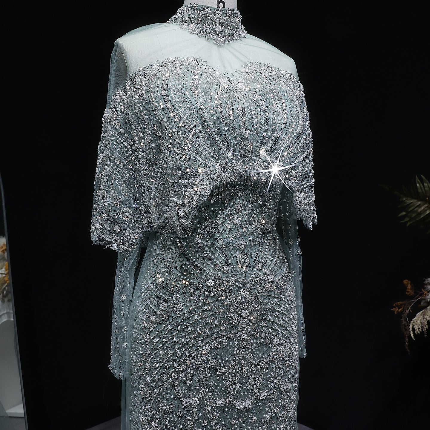 Luxury Champagne Beaded High Neck Cape Sleeve Mermaid Evening Gown SS557 Sheer Fairy