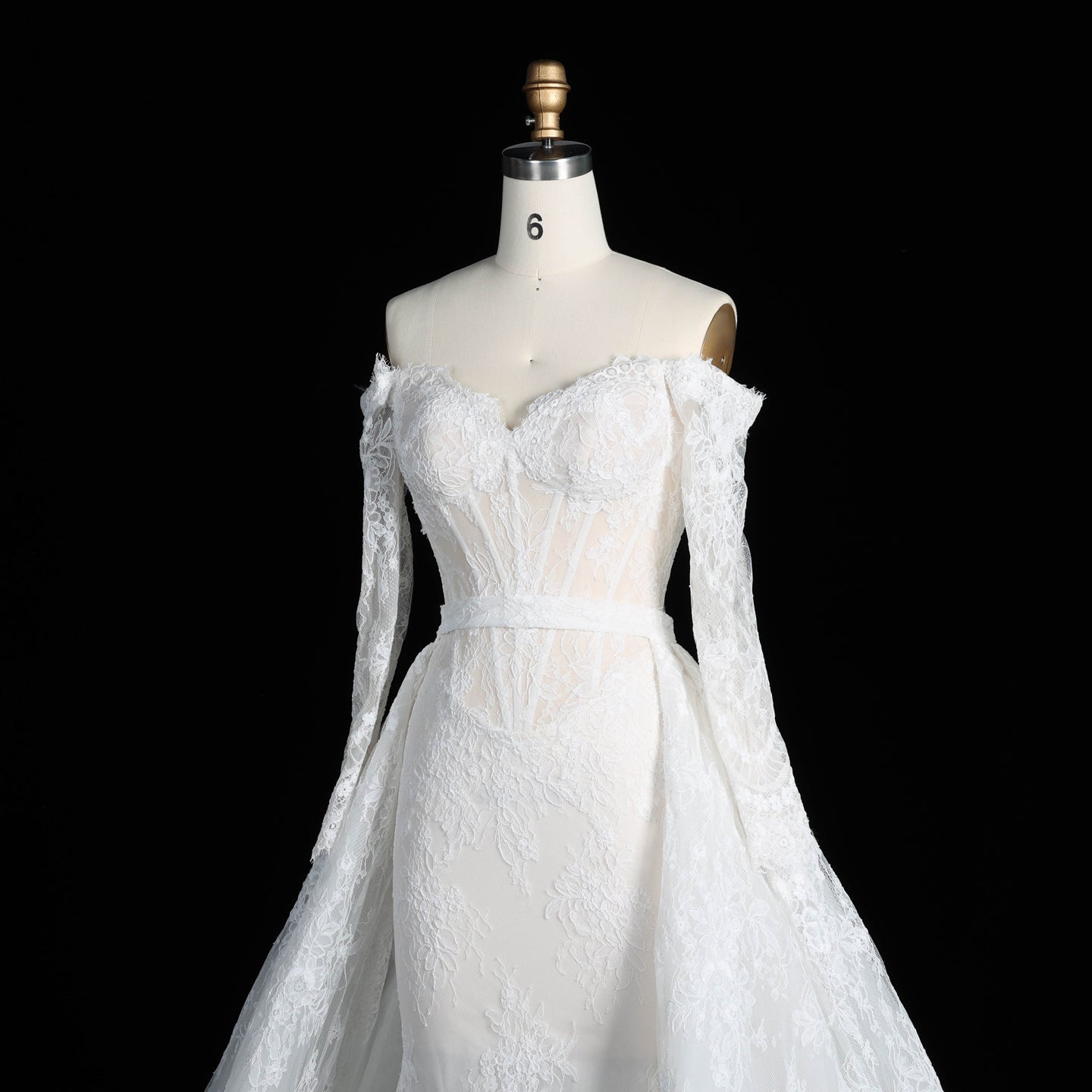 Romantic White Lace Mermaid Bridal Gown Off the Shoulder with Detachable Overskirt SW678 Sheer Fairy