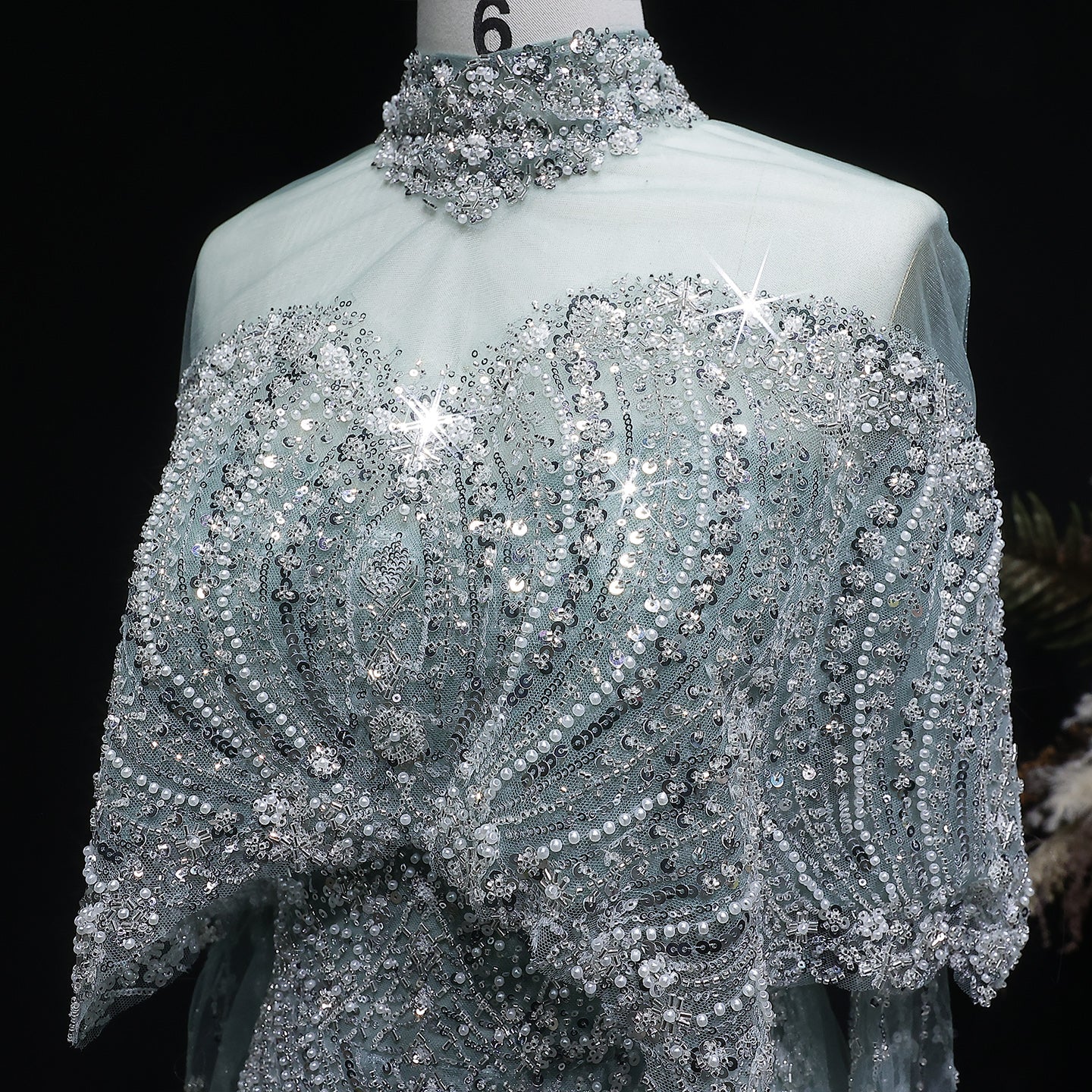 Luxury Champagne Beaded High Neck Cape Sleeve Mermaid Evening Gown SS557 Sheer Fairy
