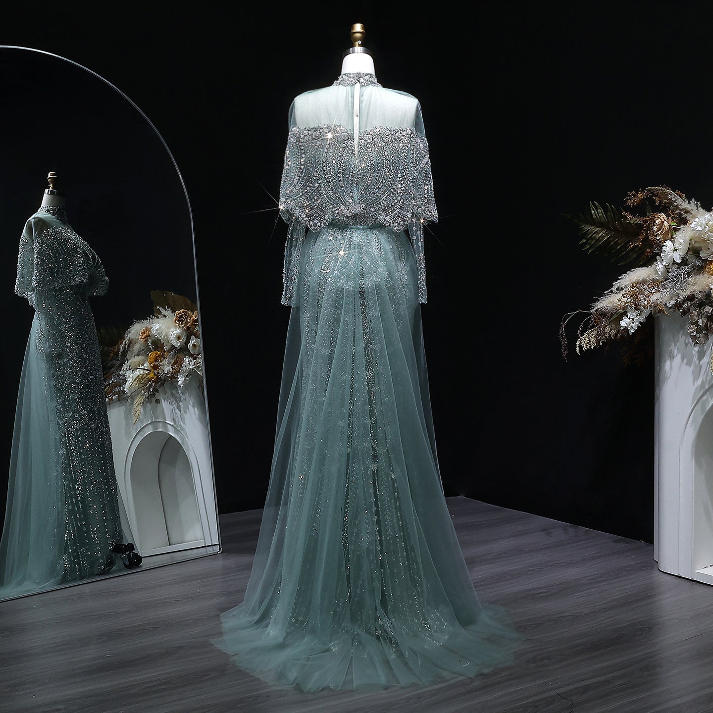 Luxury Champagne Beaded High Neck Cape Sleeve Mermaid Evening Gown SS557 Sheer Fairy