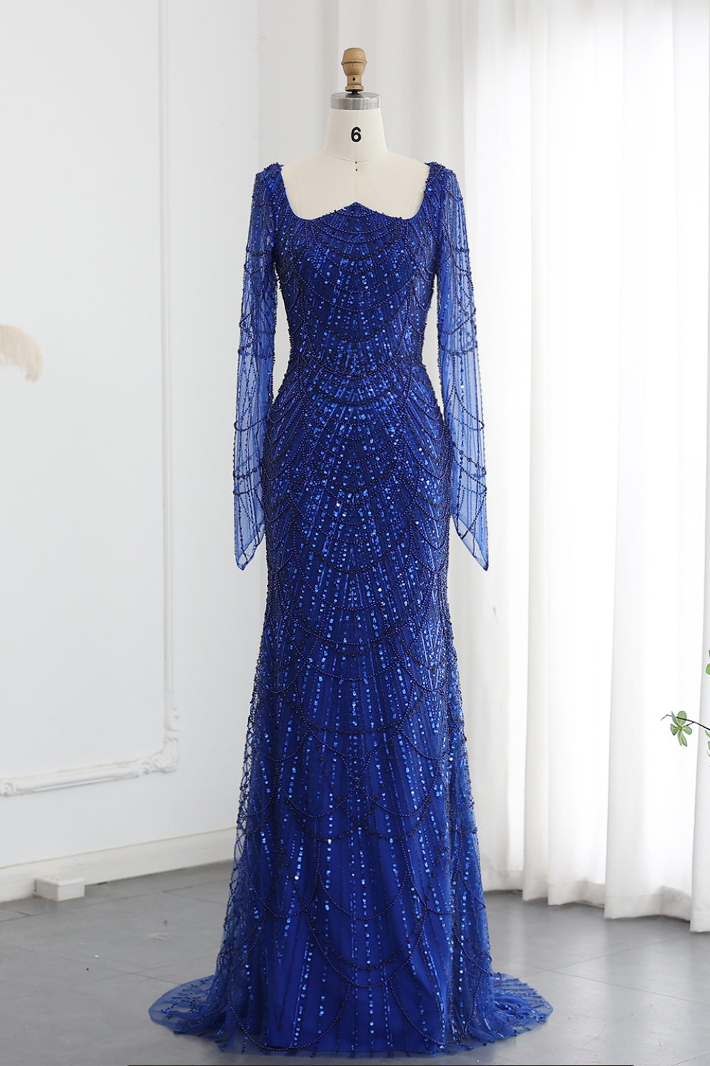 Luxury Beaded Champagne Long Sleeves Mermaid Evening Dress SS686 Sheer Fairy