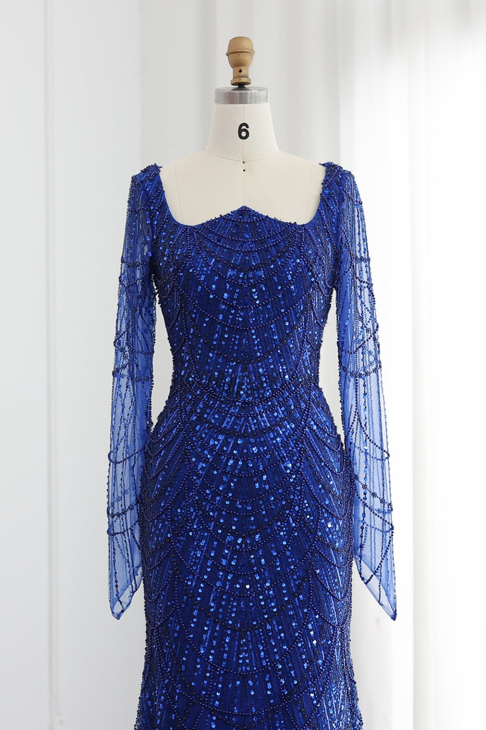 Luxury Beaded Champagne Long Sleeves Mermaid Evening Dress SS686 Sheer Fairy