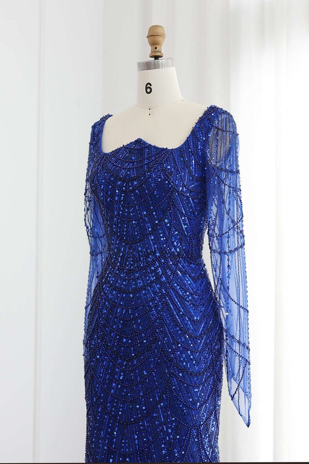 Luxury Beaded Champagne Long Sleeves Mermaid Evening Dress SS686 Sheer Fairy