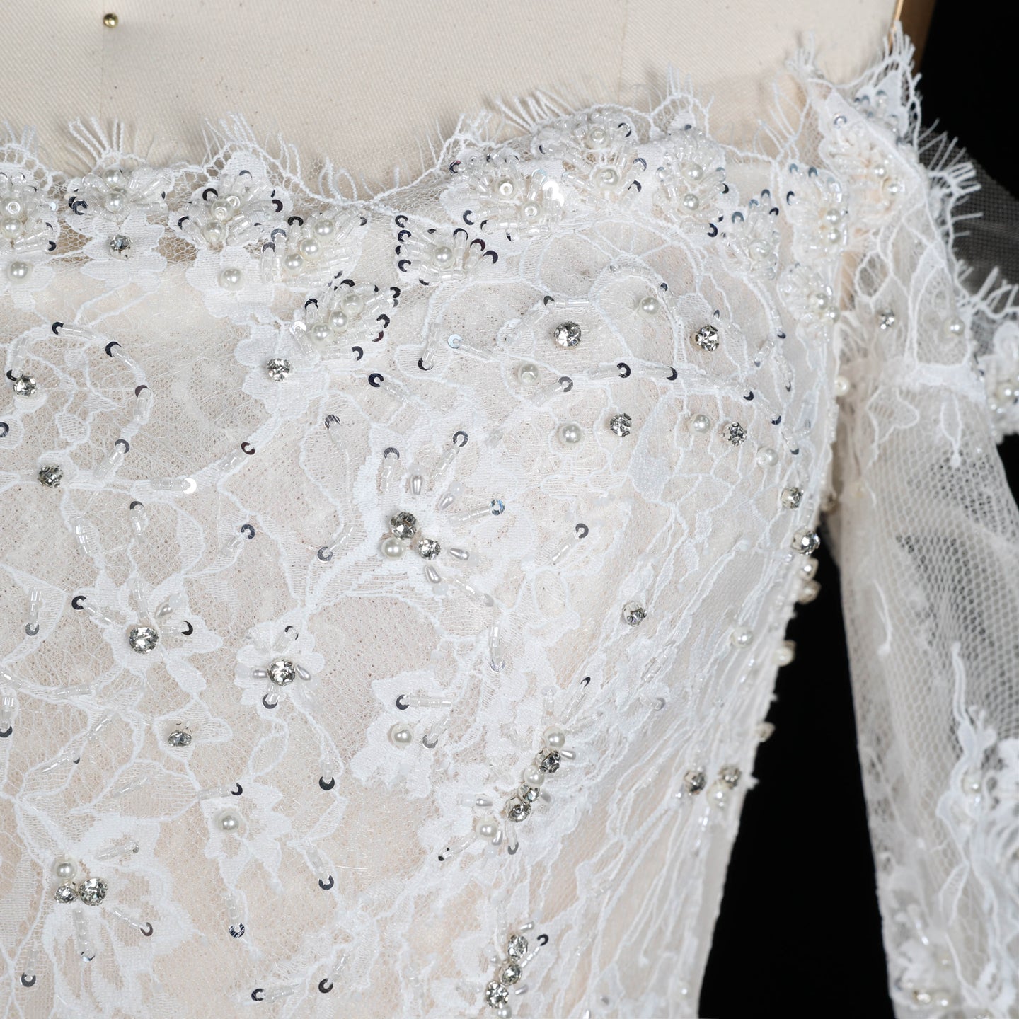 White Lace Ball Gown Wedding Dress Off the Shoulder with Long Sleeves and Beaded Details SW679 Sheer Fairy