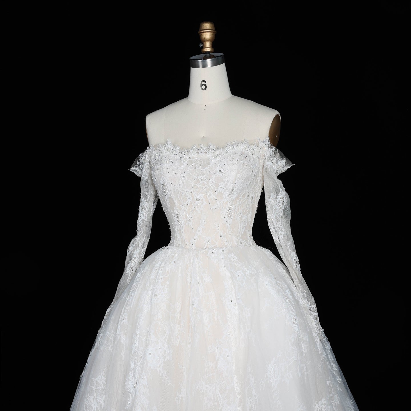 White Lace Ball Gown Wedding Dress Off the Shoulder with Long Sleeves and Beaded Details SW679 Sheer Fairy