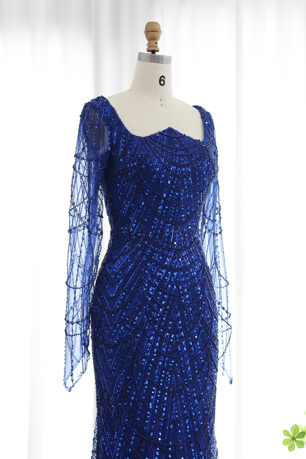 Luxury Beaded Champagne Long Sleeves Mermaid Evening Dress SS686 Sheer Fairy