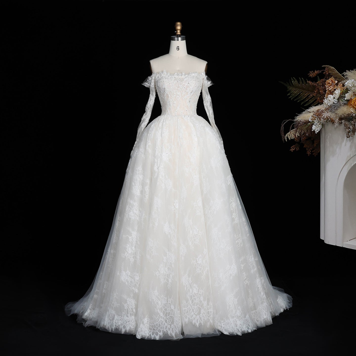 White Lace Ball Gown Wedding Dress Off the Shoulder with Long Sleeves and Beaded Details SW679 Sheer Fairy