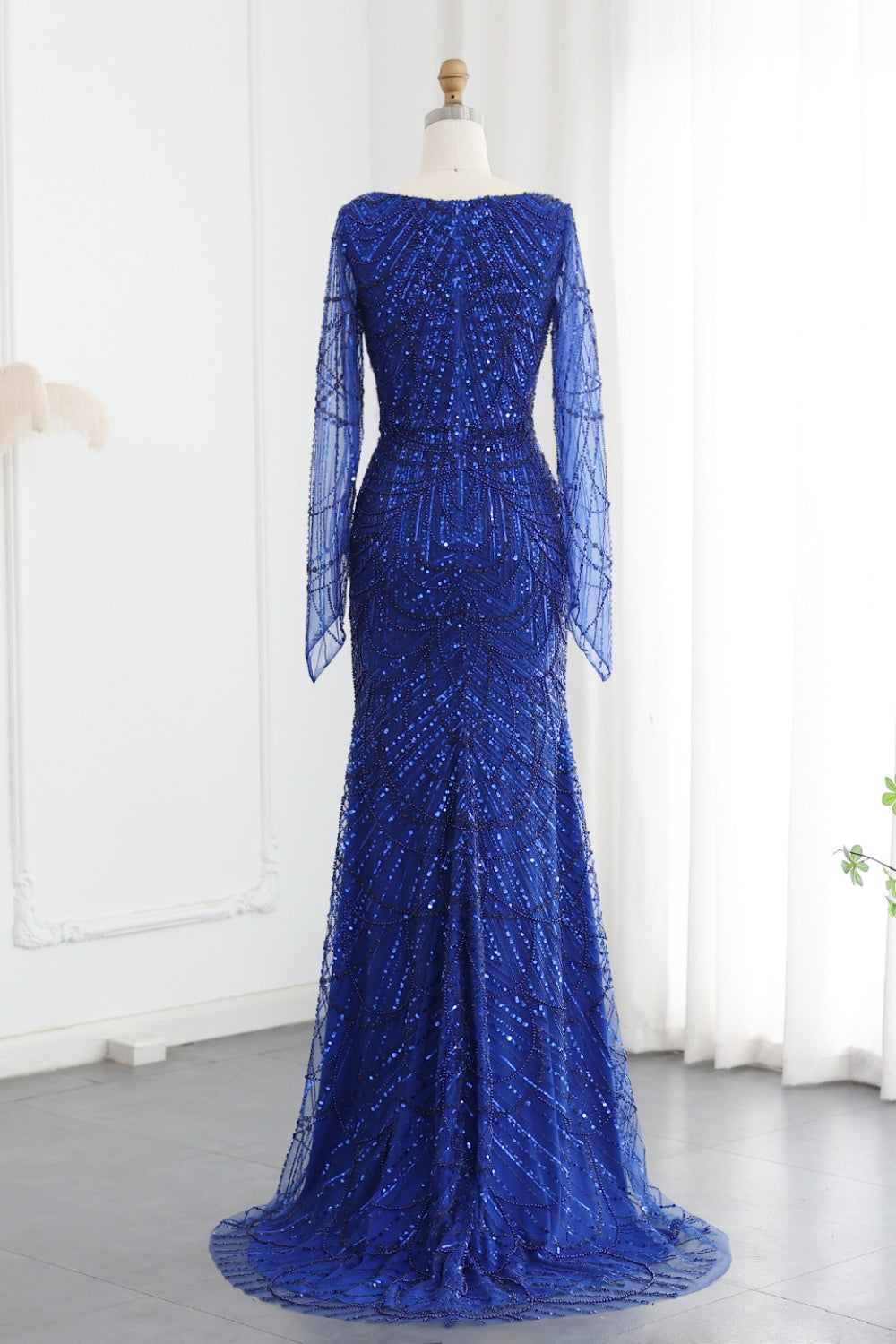 Luxury Beaded Champagne Long Sleeves Mermaid Evening Dress SS686 Sheer Fairy