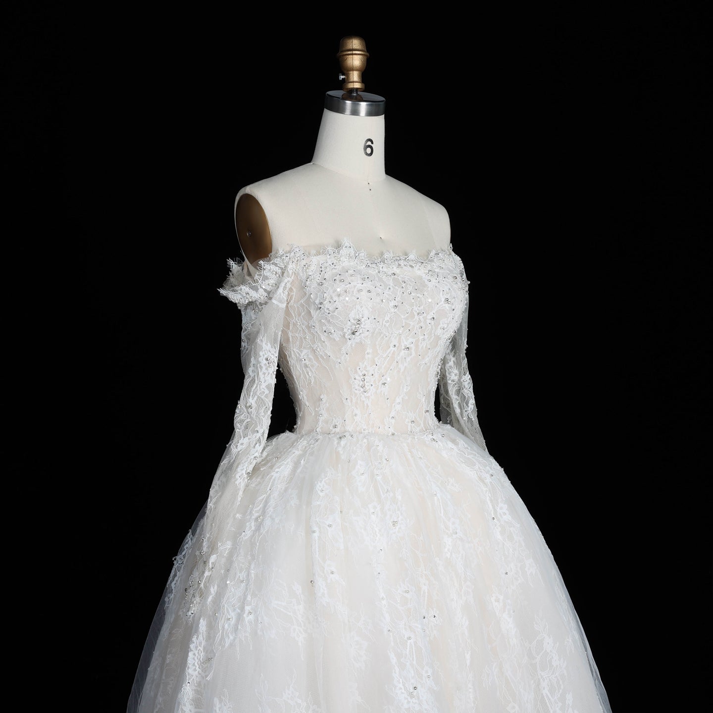 White Lace Ball Gown Wedding Dress Off the Shoulder with Long Sleeves and Beaded Details SW679 Sheer Fairy