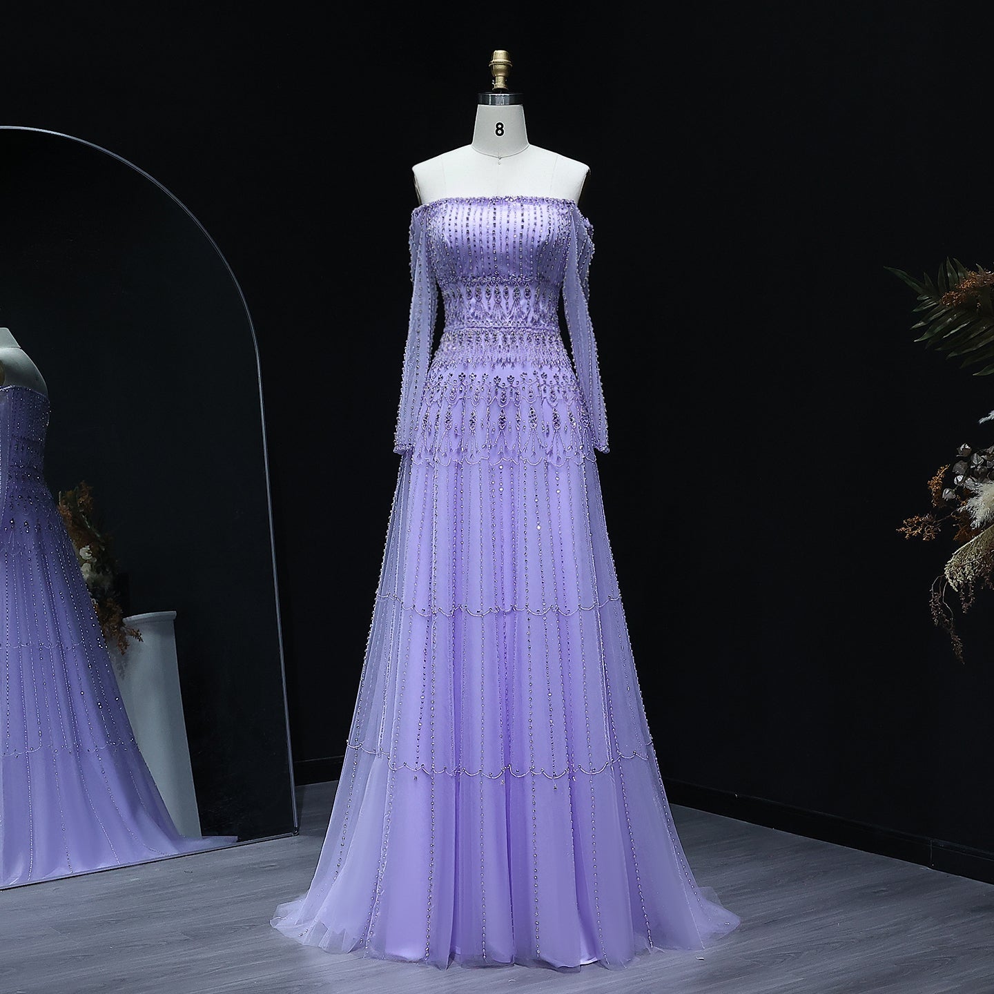 Green Off-Shoulder Long Sleeve Beaded A-Line Evening Dress SS588 Sheer Fairy