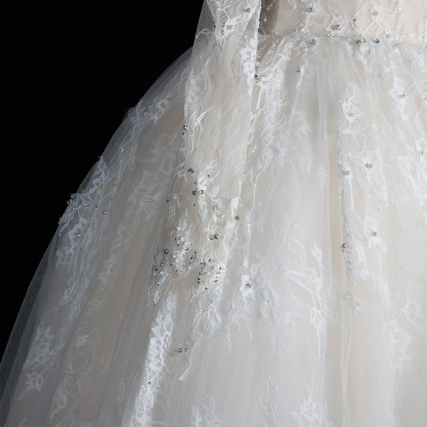 White Lace Ball Gown Wedding Dress Off the Shoulder with Long Sleeves and Beaded Details SW679 Sheer Fairy