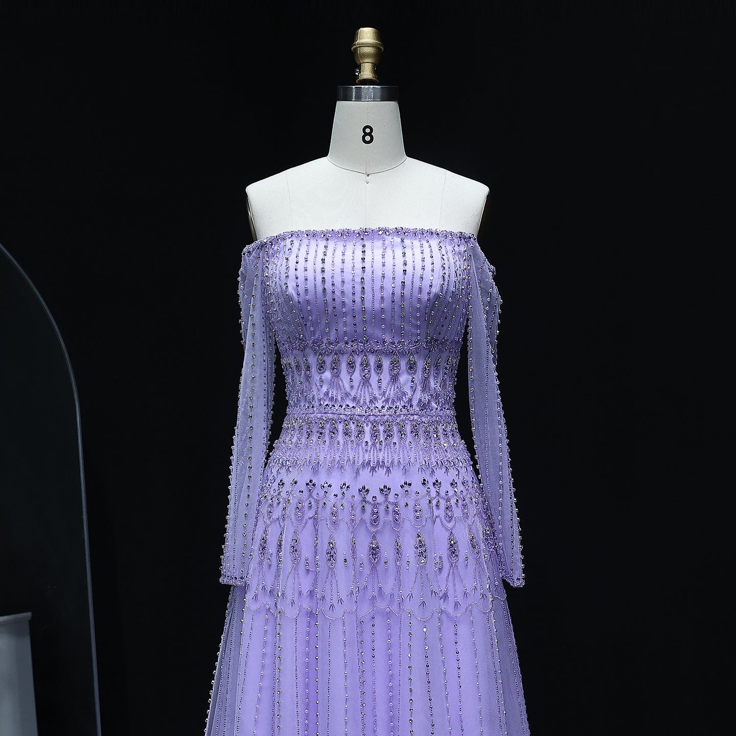 Green Off-Shoulder Long Sleeve Beaded A-Line Evening Dress SS588 Sheer Fairy