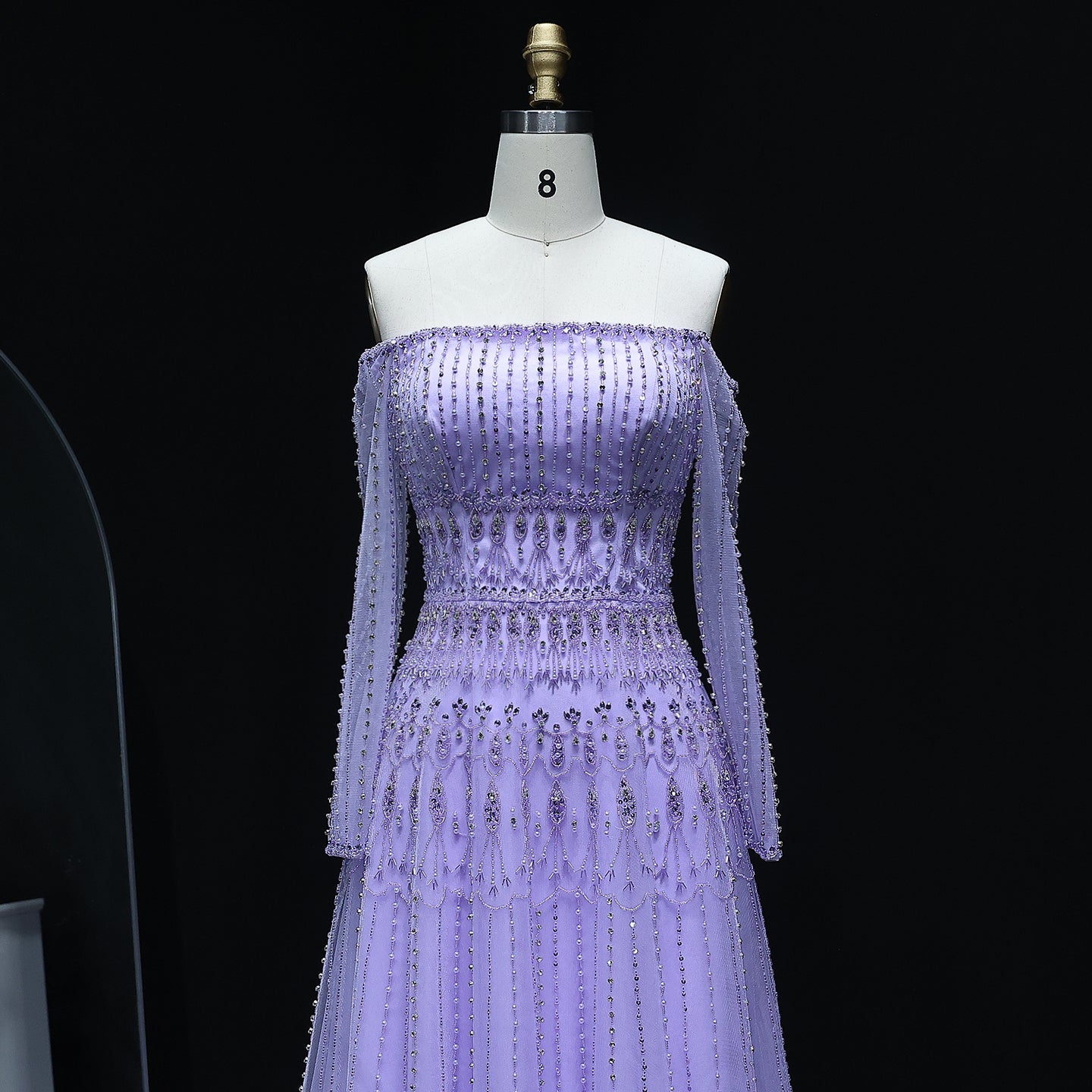 Green Off-Shoulder Long Sleeve Beaded A-Line Evening Dress SS588 Sheer Fairy
