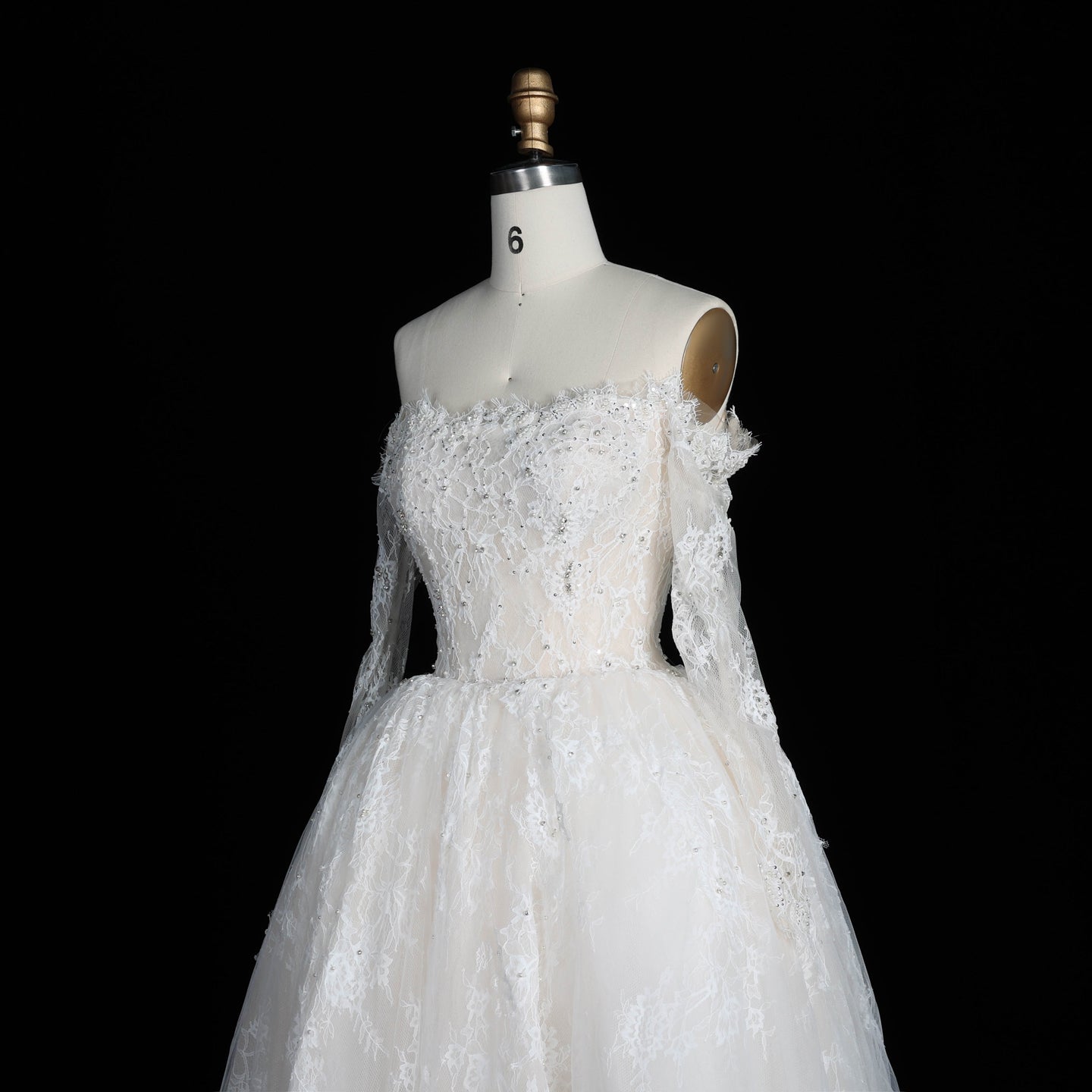 White Lace Ball Gown Wedding Dress Off the Shoulder with Long Sleeves and Beaded Details SW679 Sheer Fairy