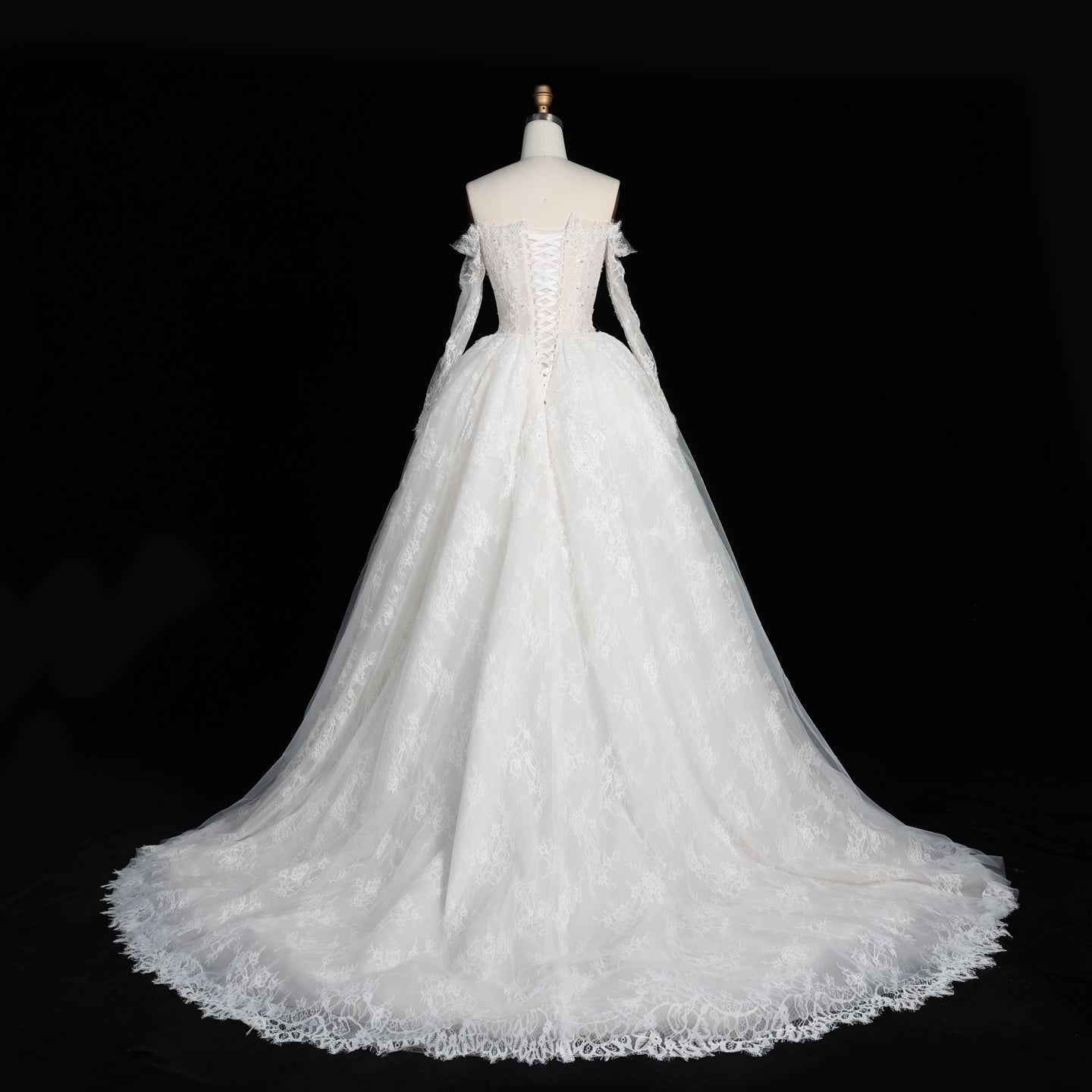 White Lace Ball Gown Wedding Dress Off the Shoulder with Long Sleeves and Beaded Details SW679 Sheer Fairy