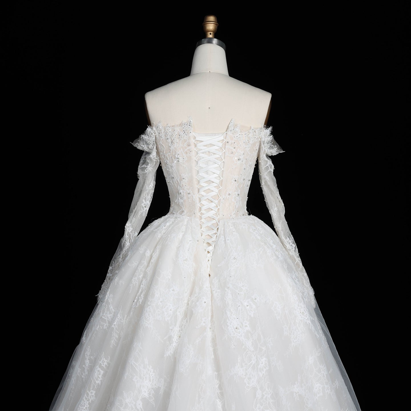 White Lace Ball Gown Wedding Dress Off the Shoulder with Long Sleeves and Beaded Details SW679 Sheer Fairy