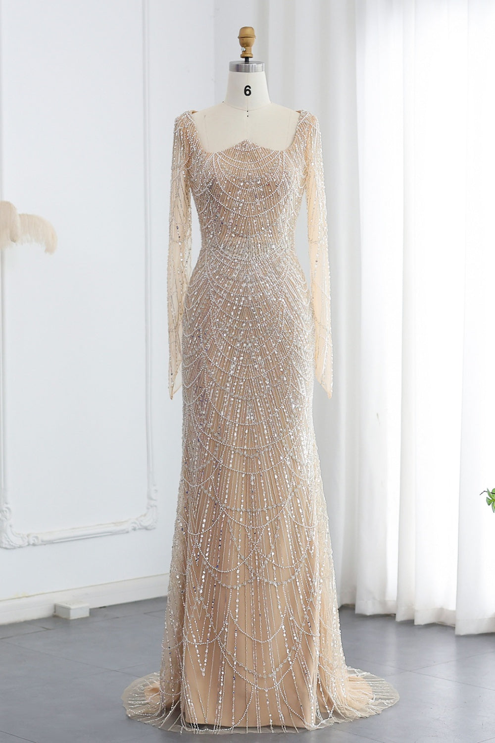 Luxury Beaded Champagne Long Sleeves Mermaid Evening Dress SS686 Sheer Fairy