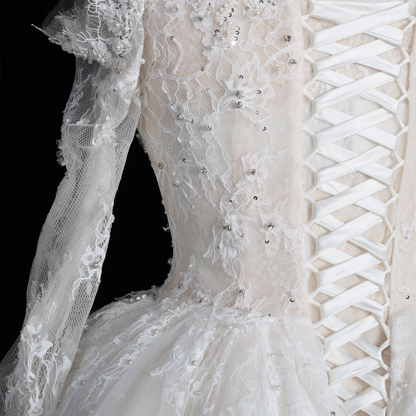 White Lace Ball Gown Wedding Dress Off the Shoulder with Long Sleeves and Beaded Details SW679 Sheer Fairy