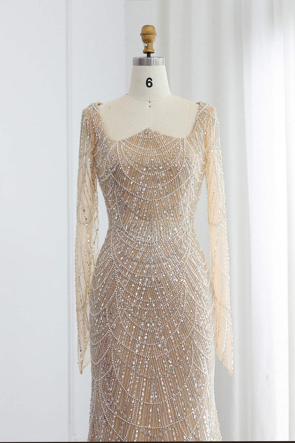 Luxury Beaded Champagne Long Sleeves Mermaid Evening Dress SS686 Sheer Fairy