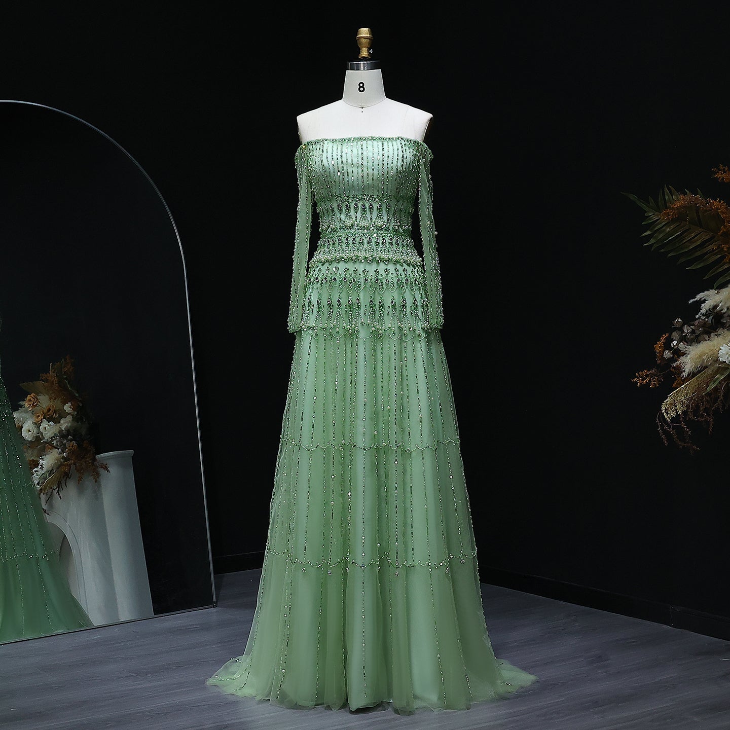 Green Off-Shoulder Long Sleeve Beaded A-Line Evening Dress SS588 Sheer Fairy