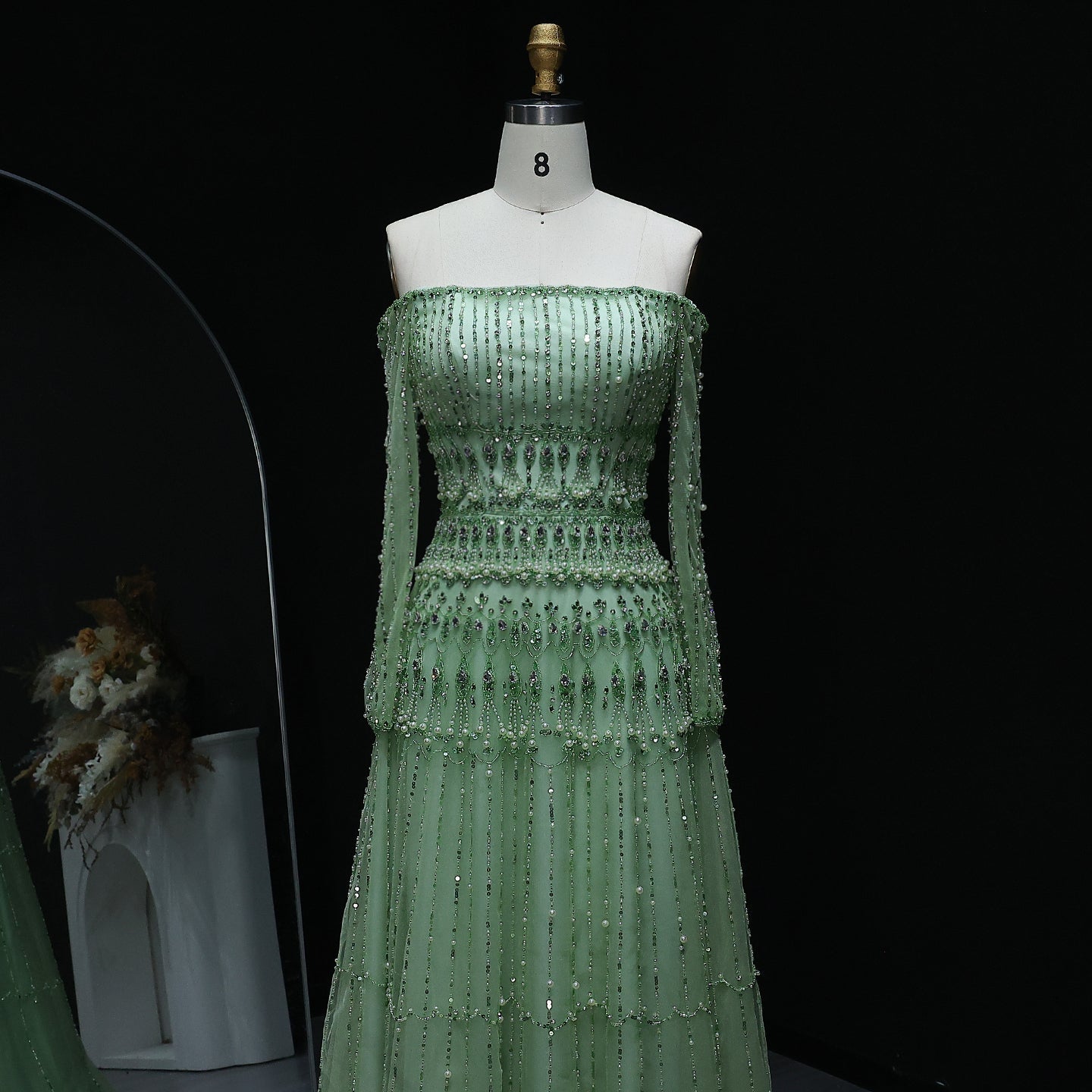 Green Off-Shoulder Long Sleeve Beaded A-Line Evening Dress SS588 Sheer Fairy
