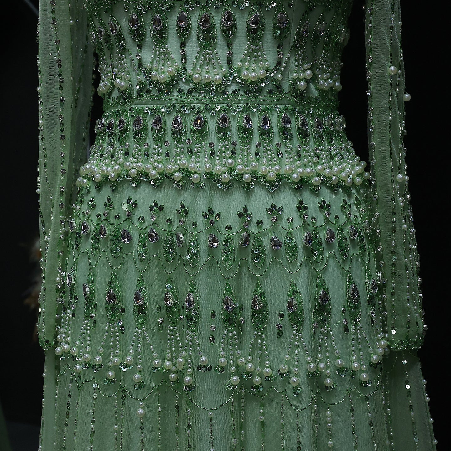 Green Off-Shoulder Long Sleeve Beaded A-Line Evening Dress SS588 Sheer Fairy