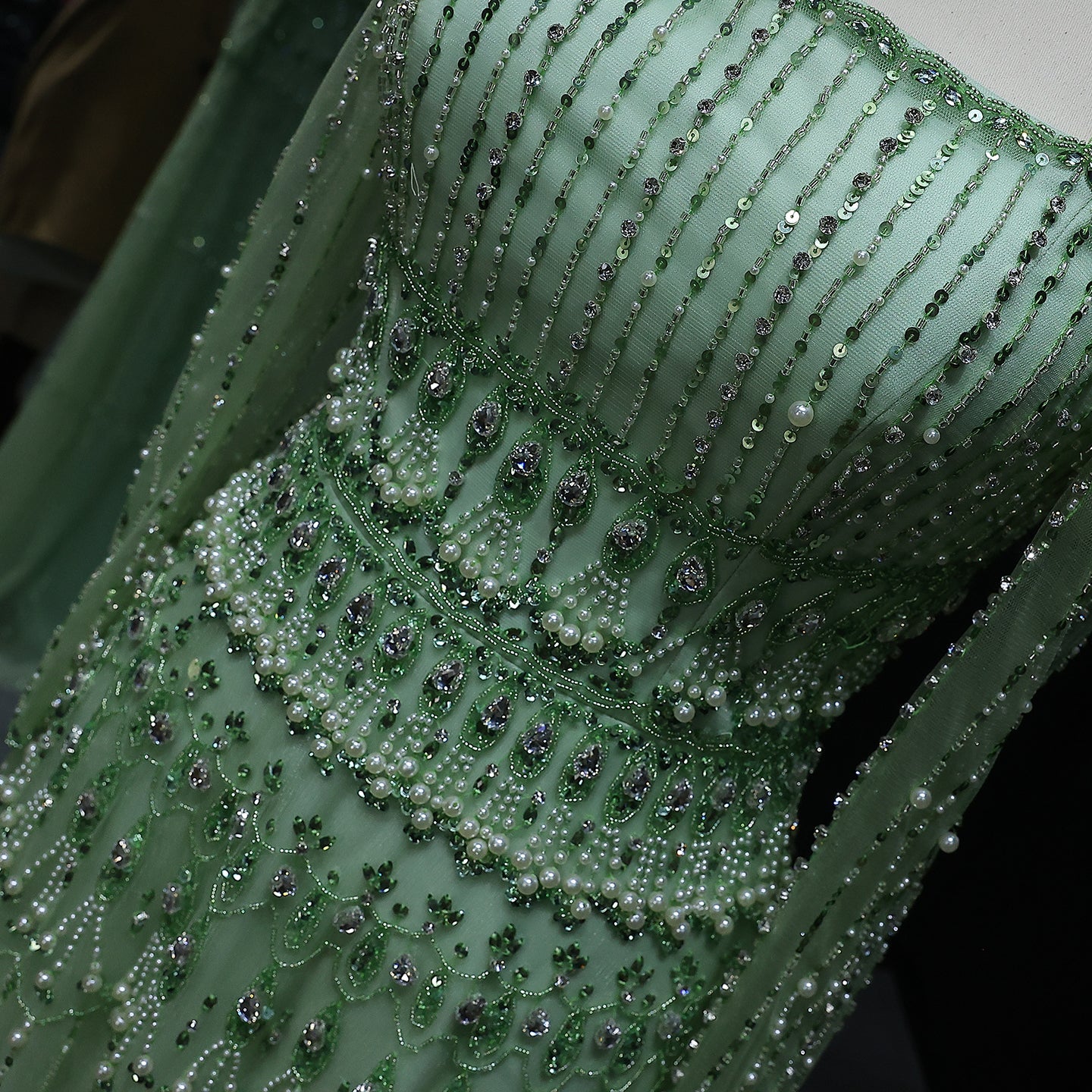 Green Off-Shoulder Long Sleeve Beaded A-Line Evening Dress SS588 Sheer Fairy