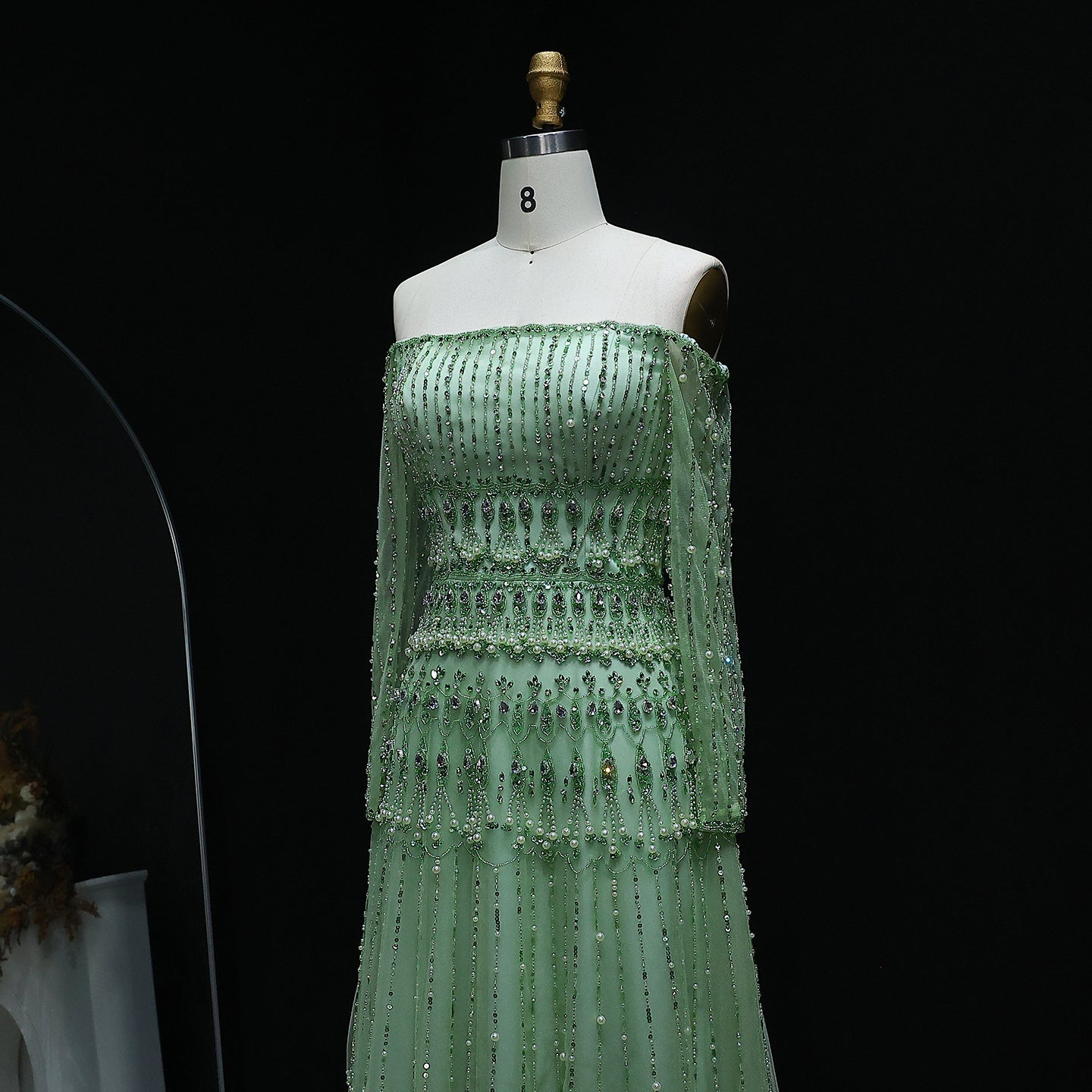 Green Off-Shoulder Long Sleeve Beaded A-Line Evening Dress SS588 Sheer Fairy