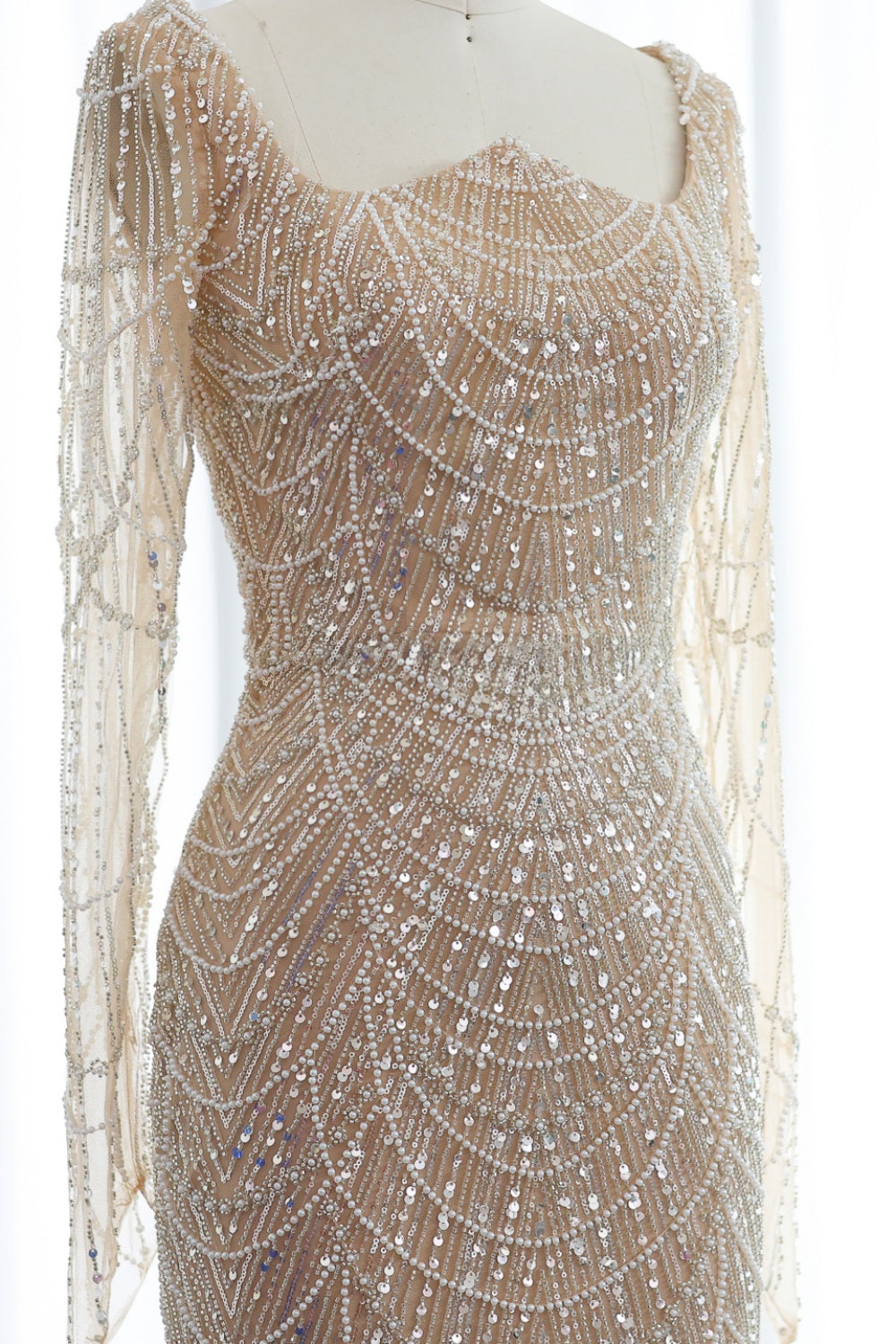 Luxury Beaded Champagne Long Sleeves Mermaid Evening Dress SS686 Sheer Fairy