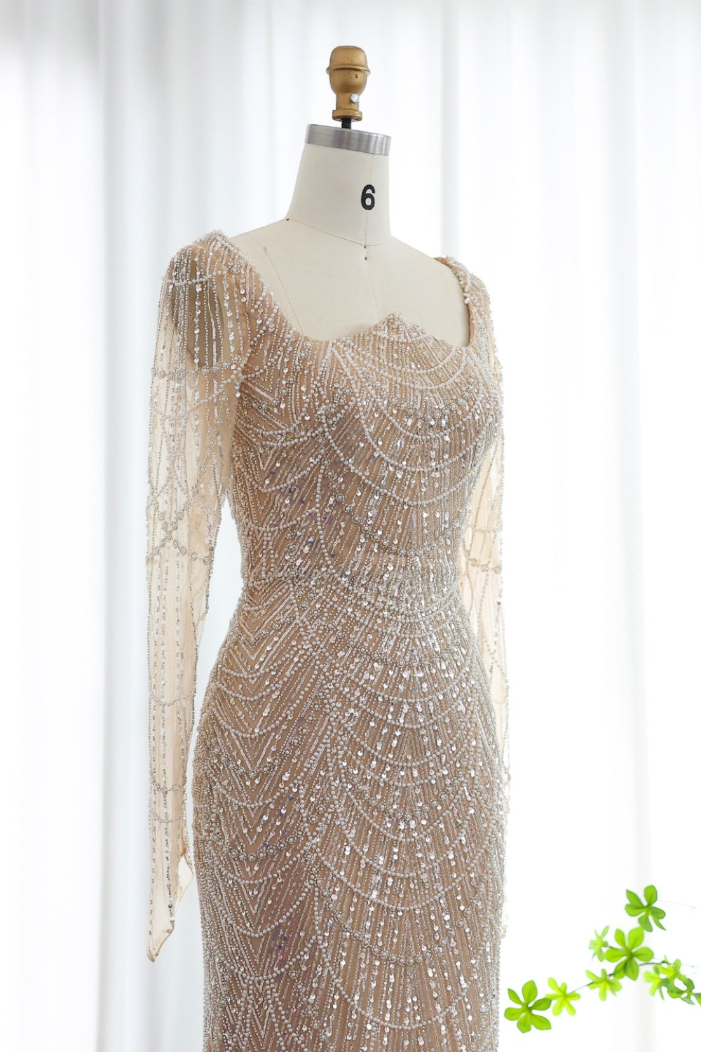 Luxury Beaded Champagne Long Sleeves Mermaid Evening Dress SS686 Sheer Fairy