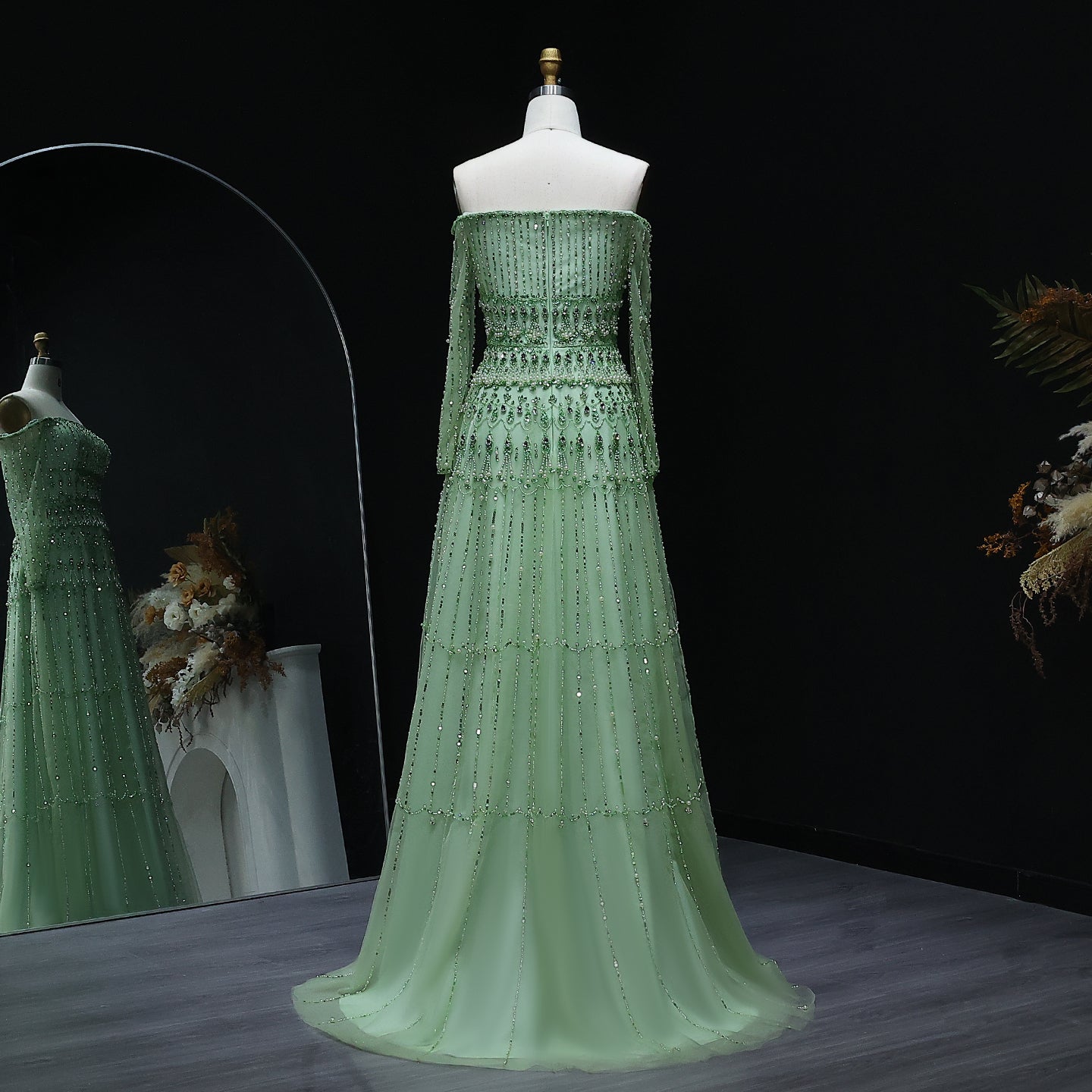 Green Off-Shoulder Long Sleeve Beaded A-Line Evening Dress SS588 Sheer Fairy
