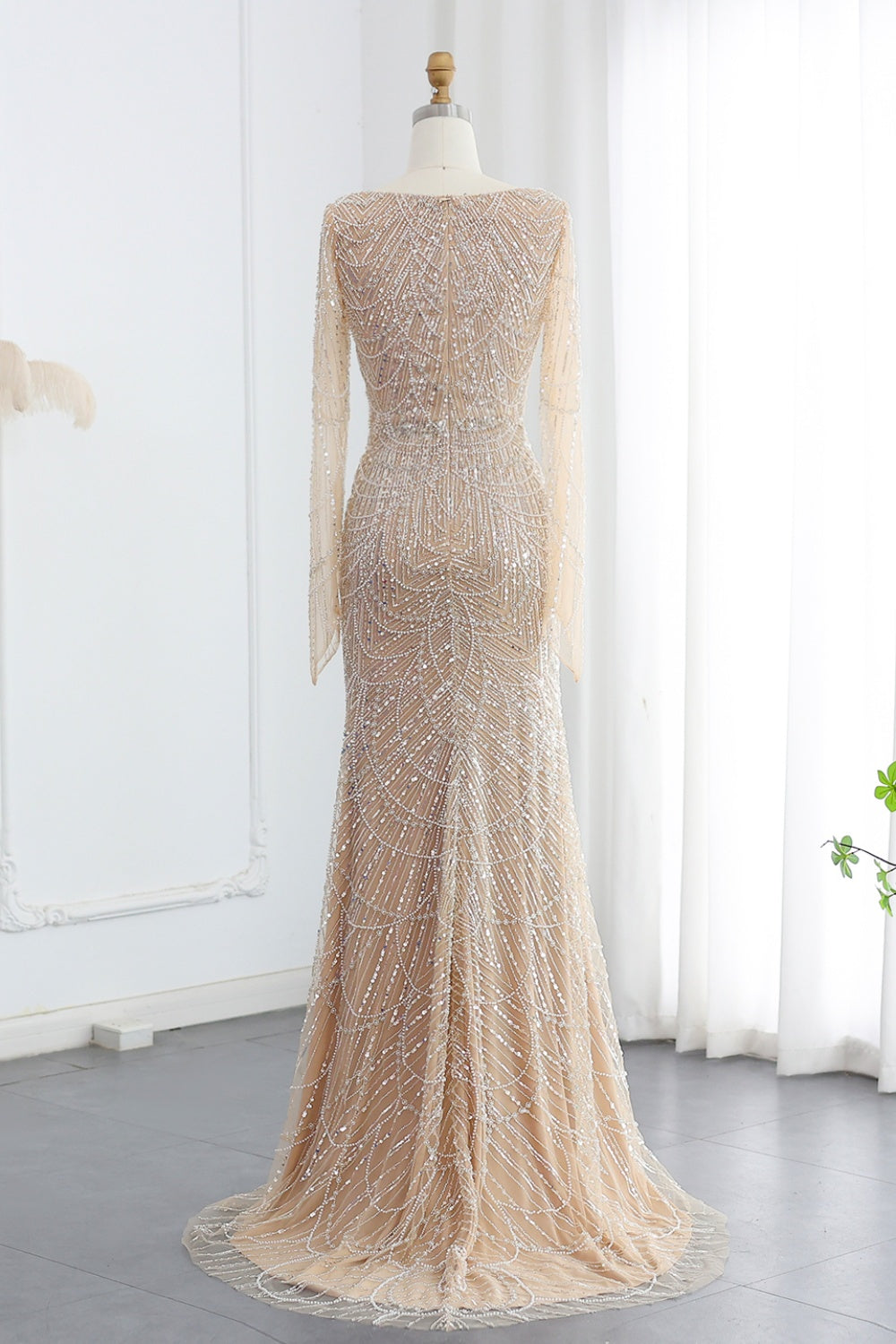 Luxury Beaded Champagne Long Sleeves Mermaid Evening Dress SS686 Sheer Fairy