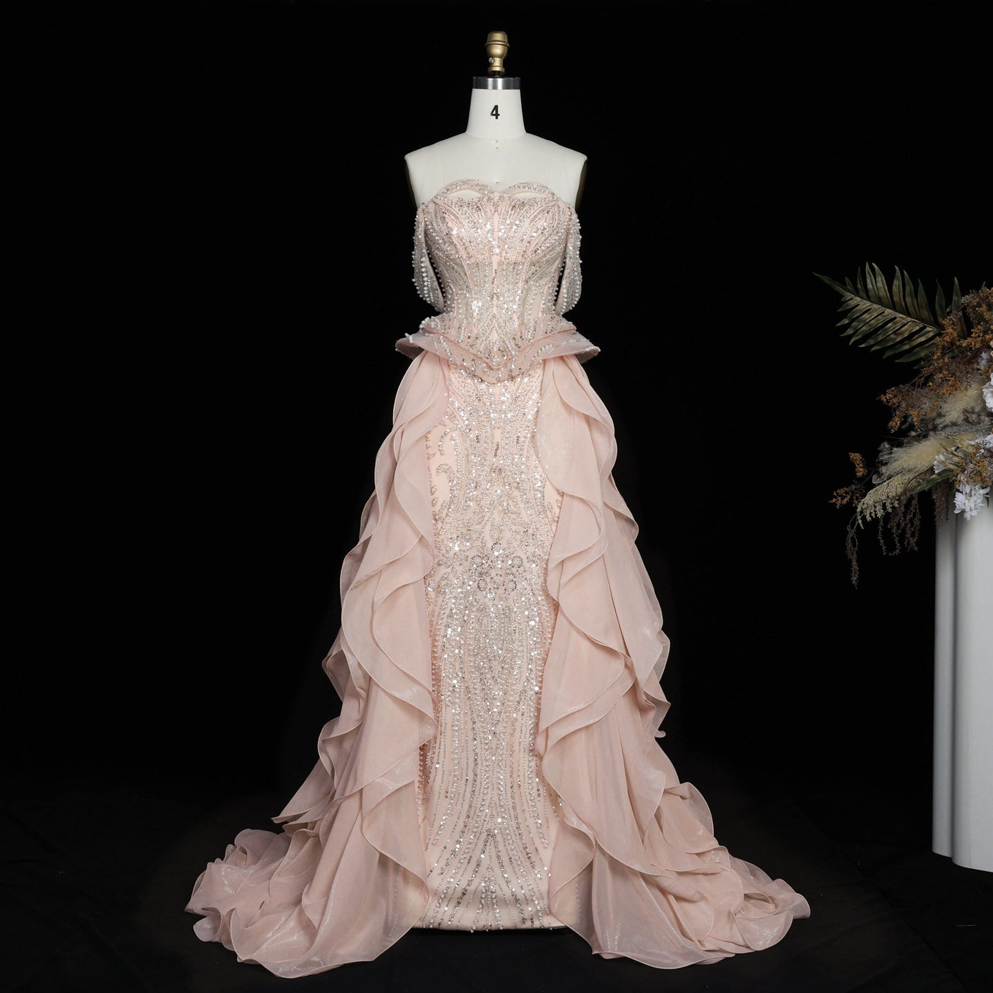 Sparkling Sequin Beaded Evening Dress with Cascading Layered Tiered Ruffle Train SS236 Sheer Fairy